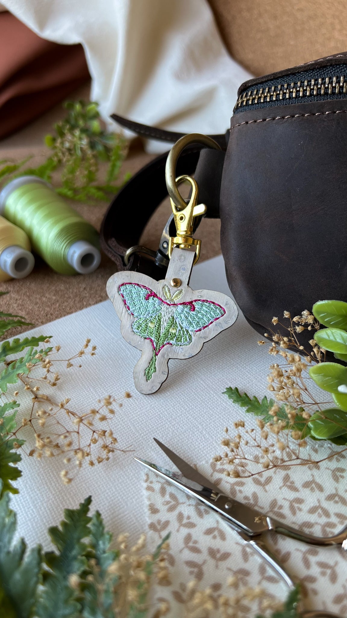 Luna Moth Keychain | Embroidered Cork Accessory