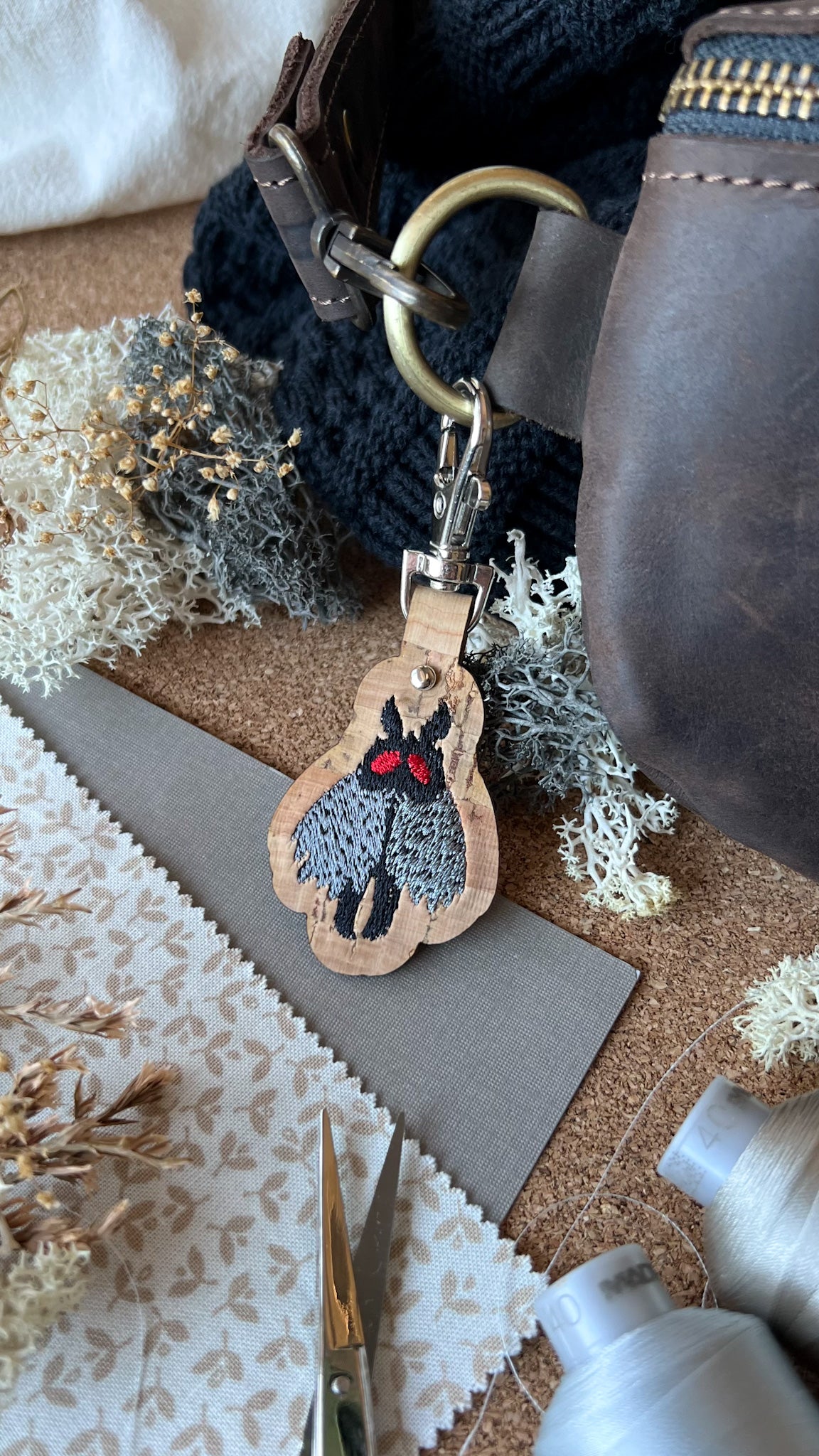 Mothman Cryptid Creature Keychain | Embroidered Cork Accessory