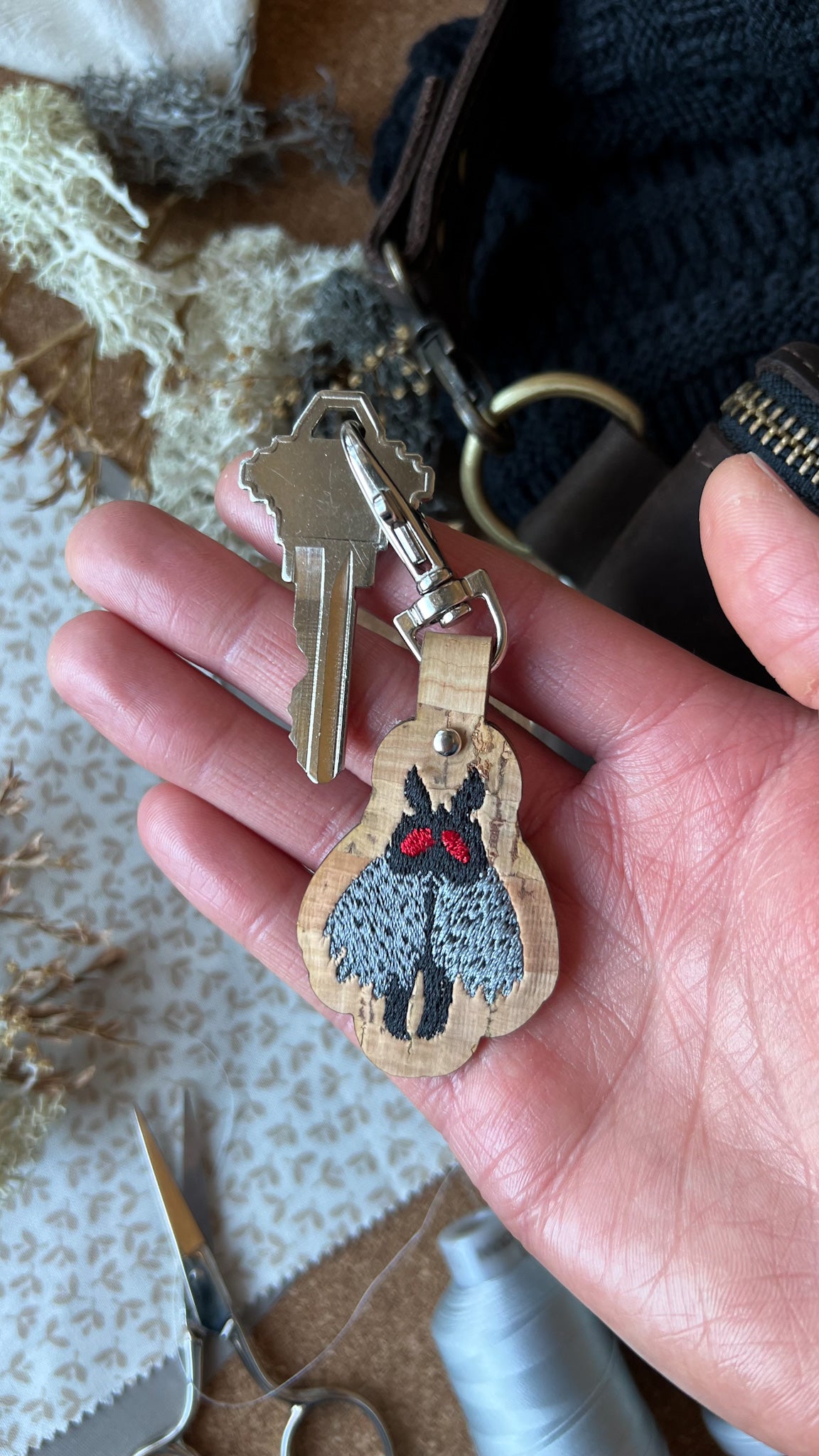 Mothman Cryptid Creature Keychain | Embroidered Cork Accessory